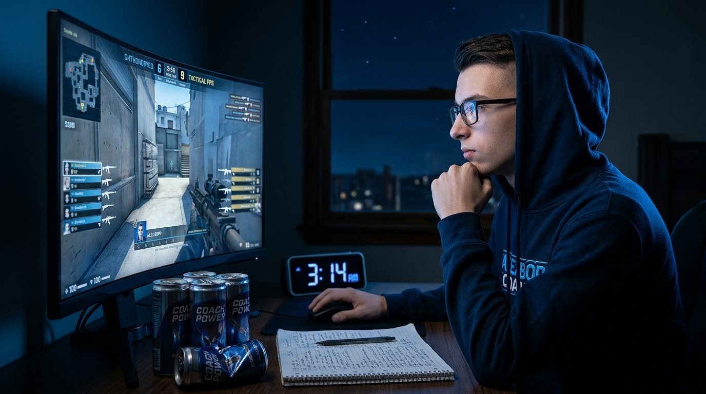 Alex reviewing gameplay late at night beside a clock reading 3:14 AM