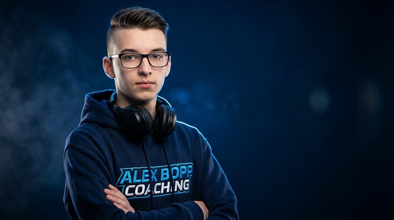 Alex Bopp, arms crossed, wearing an Alex Bopp Coaching hoodie with headphones around his neck
