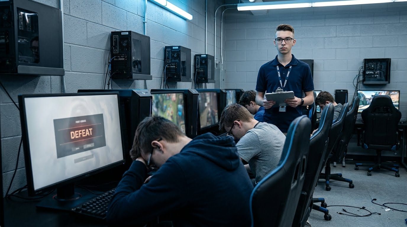 Alex standing with a clipboard behind his players in a school esports lab after a loss