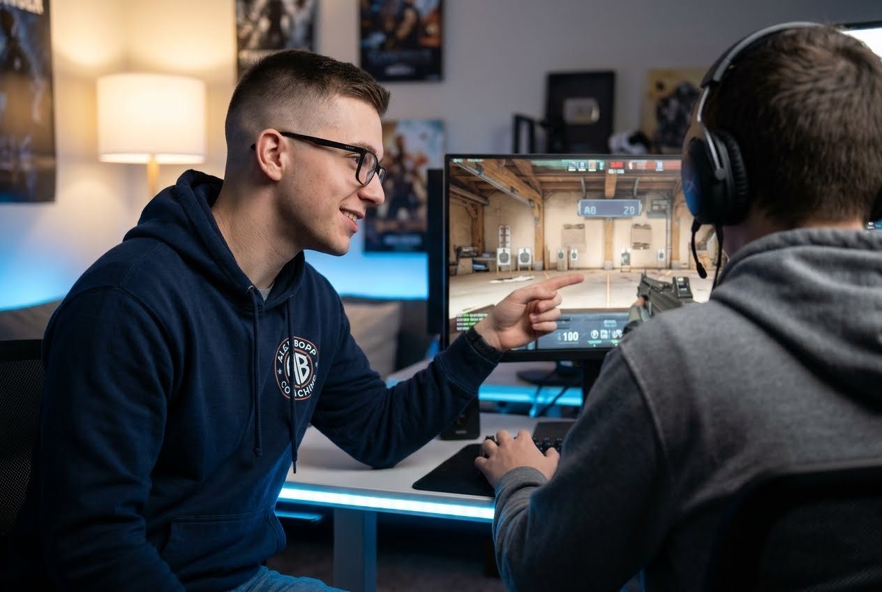 Alex pointing at a monitor while a player practices in the range