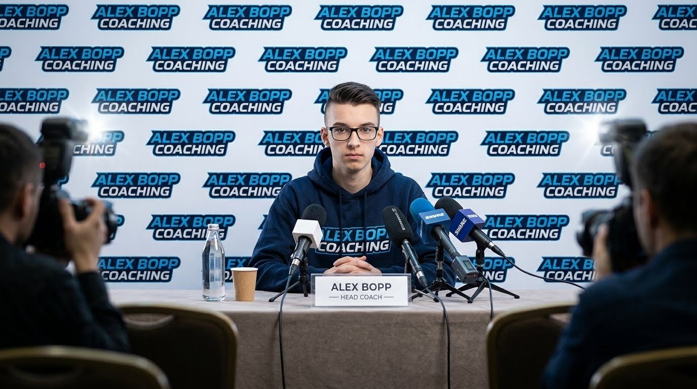Alex Bopp at a press conference table behind a Head Coach nameplate