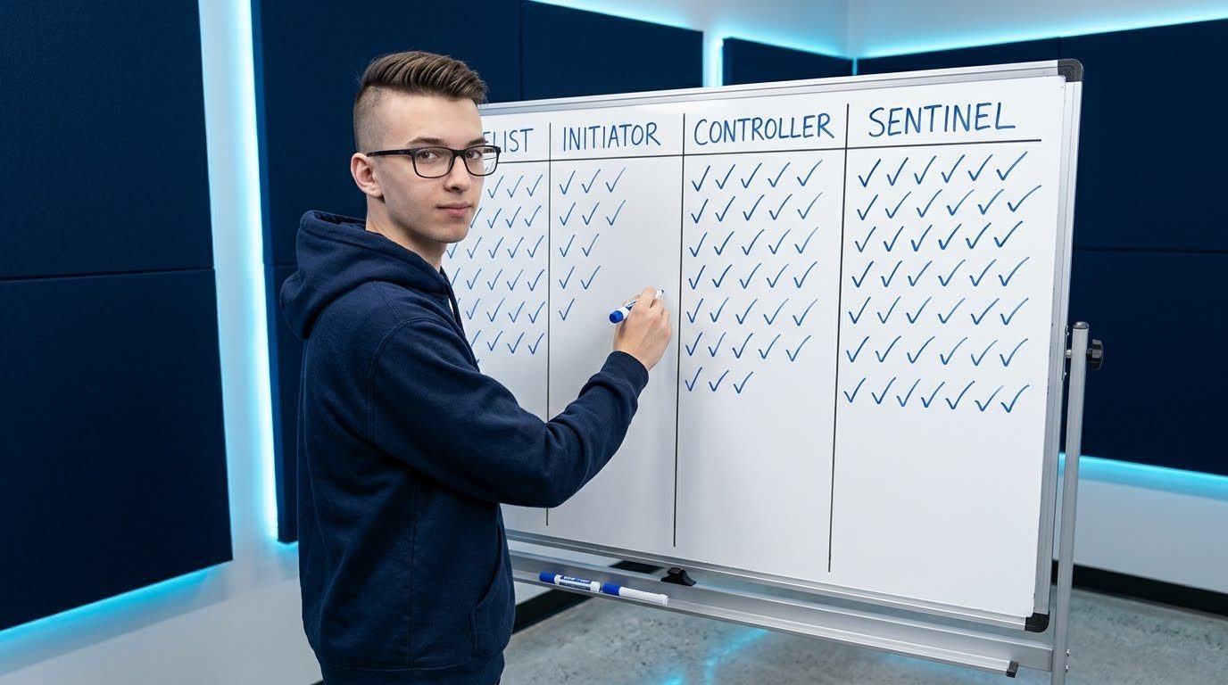 Alex at a whiteboard with checkmarks under Duelist, Initiator, Controller and Sentinel