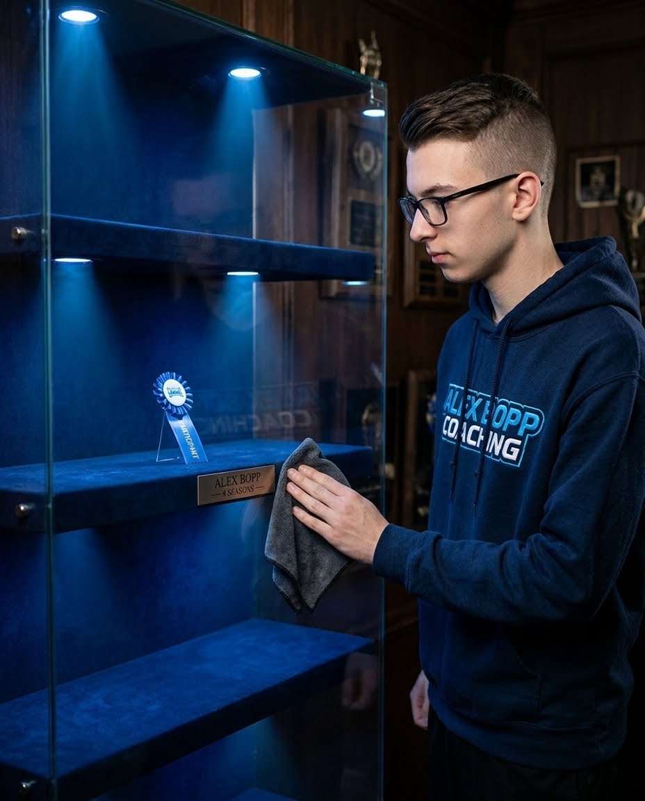 Alex polishing a nearly empty trophy case holding one participant ribbon