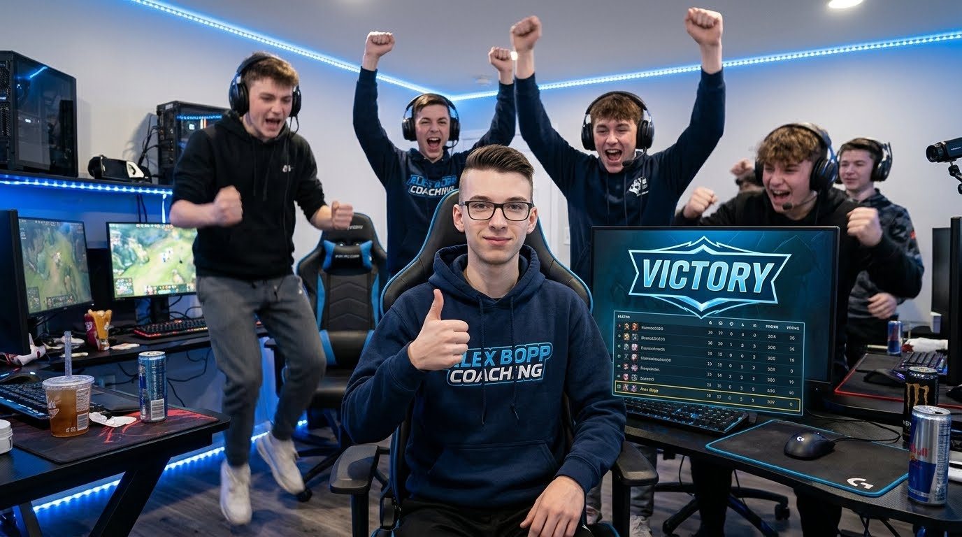 Alex giving a thumbs up in front of a Victory screen while teammates celebrate behind him
