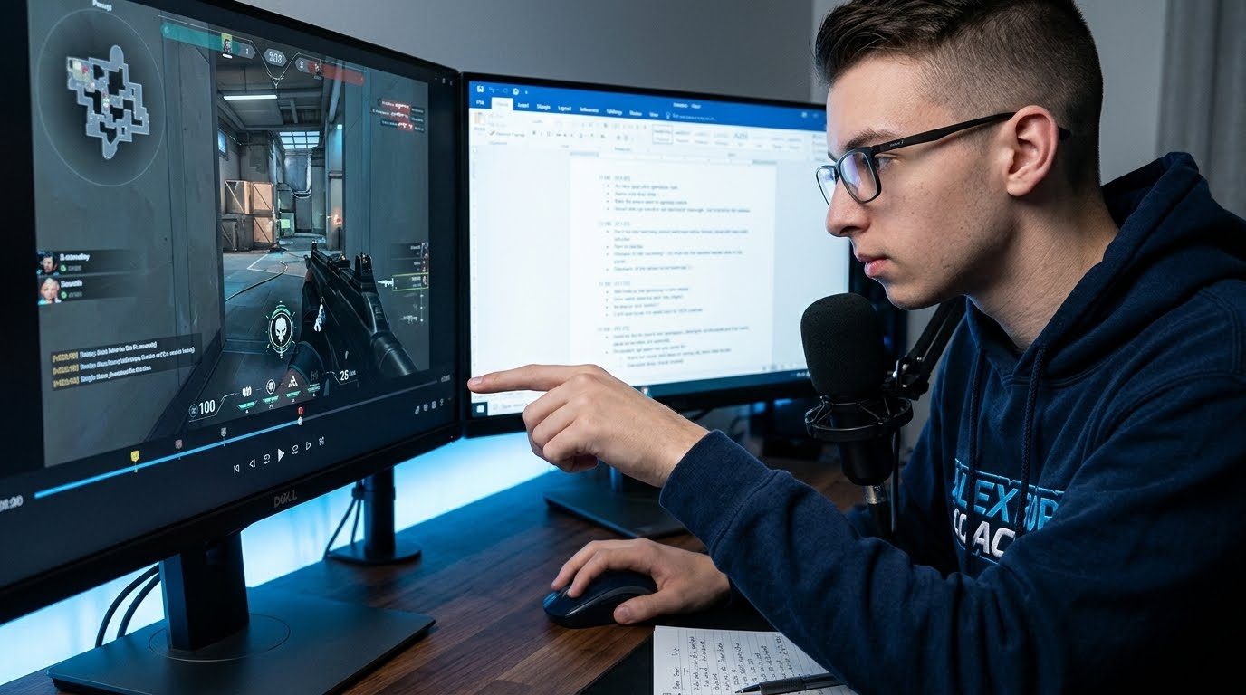 Alex pointing at a paused match recording next to a document of timestamped notes
